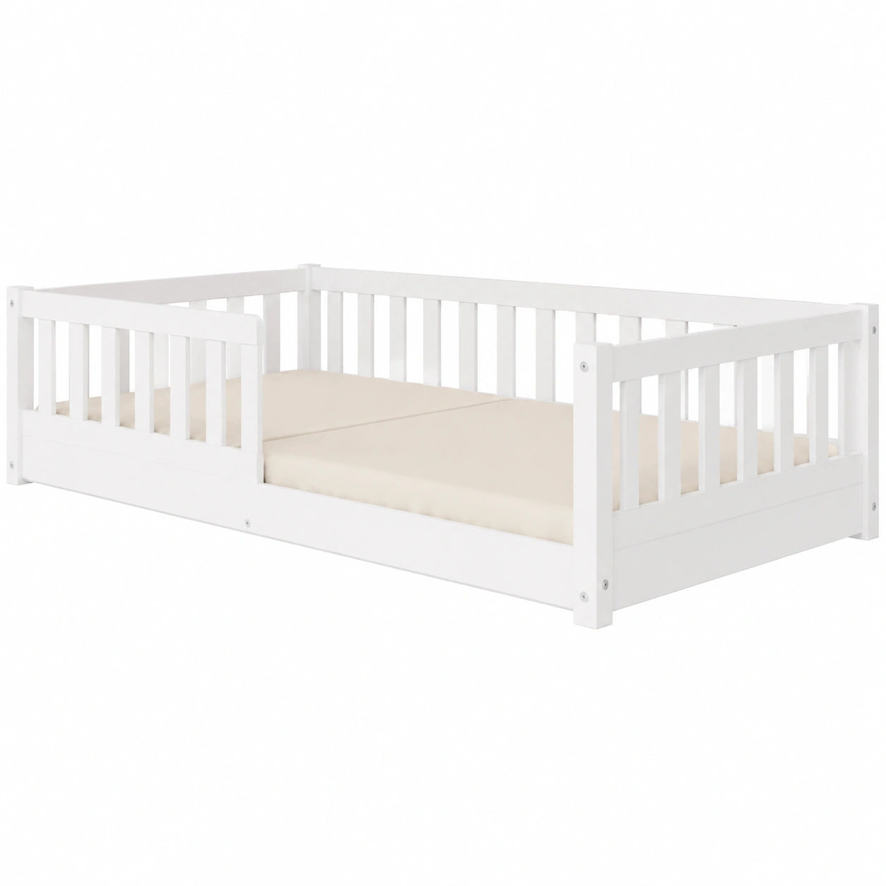 Massives Holzbett für Kinder 140x200 cm – Bodenbett im skandinavischen Stil mit Seitenschutz – Einfacher Aufbau, Weiß