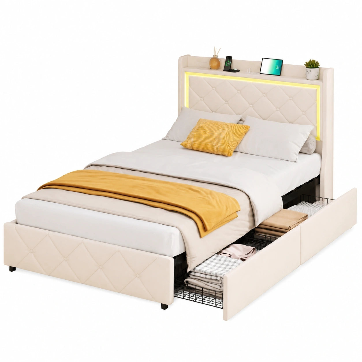 Modernes Polsterbett 90x200 cm mit LED und USB, zwei Schubladen und Stauraum