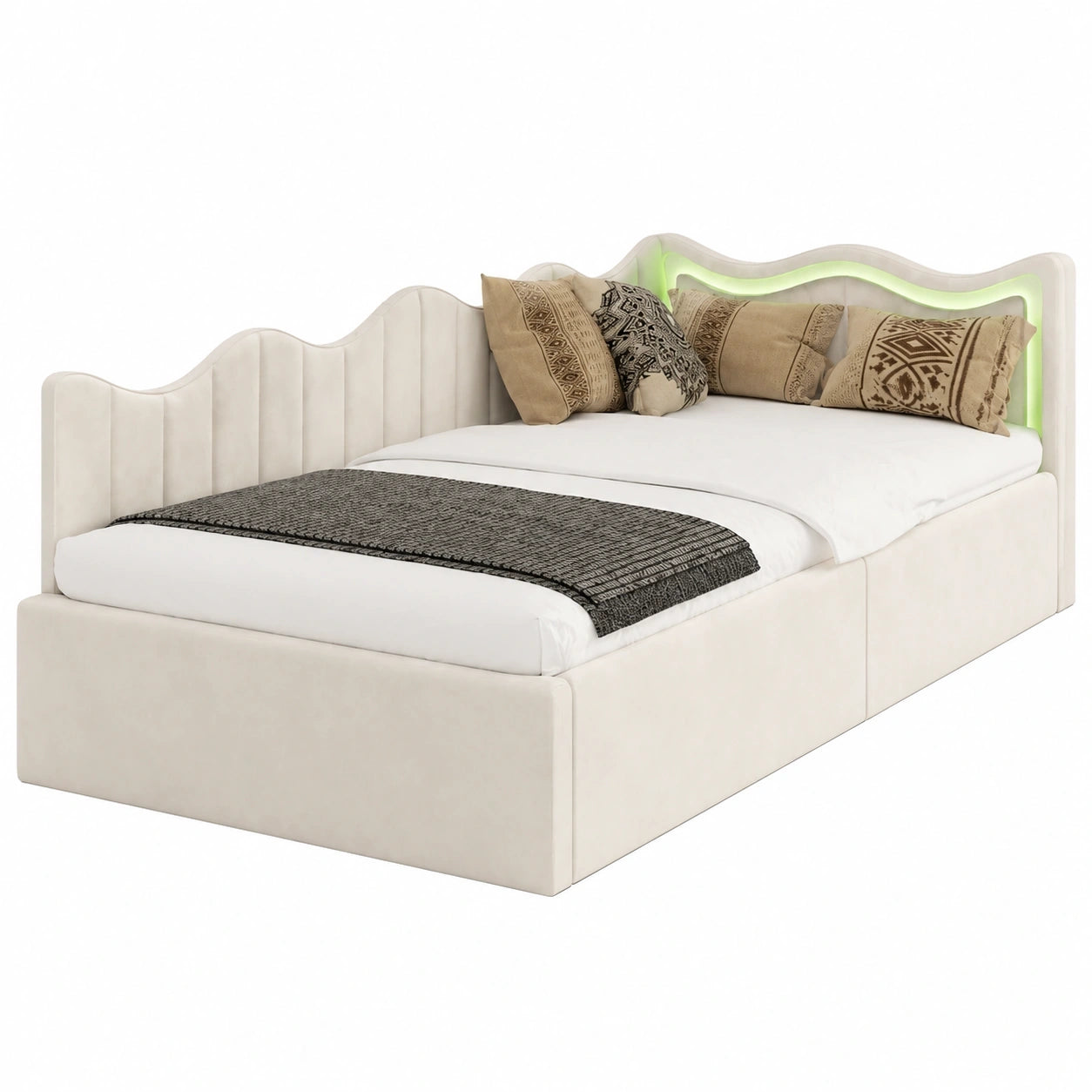 Modernes Schlafsofa 90x200 cm mit Stauraum und LED, L-Form, Samtbezug, Beige