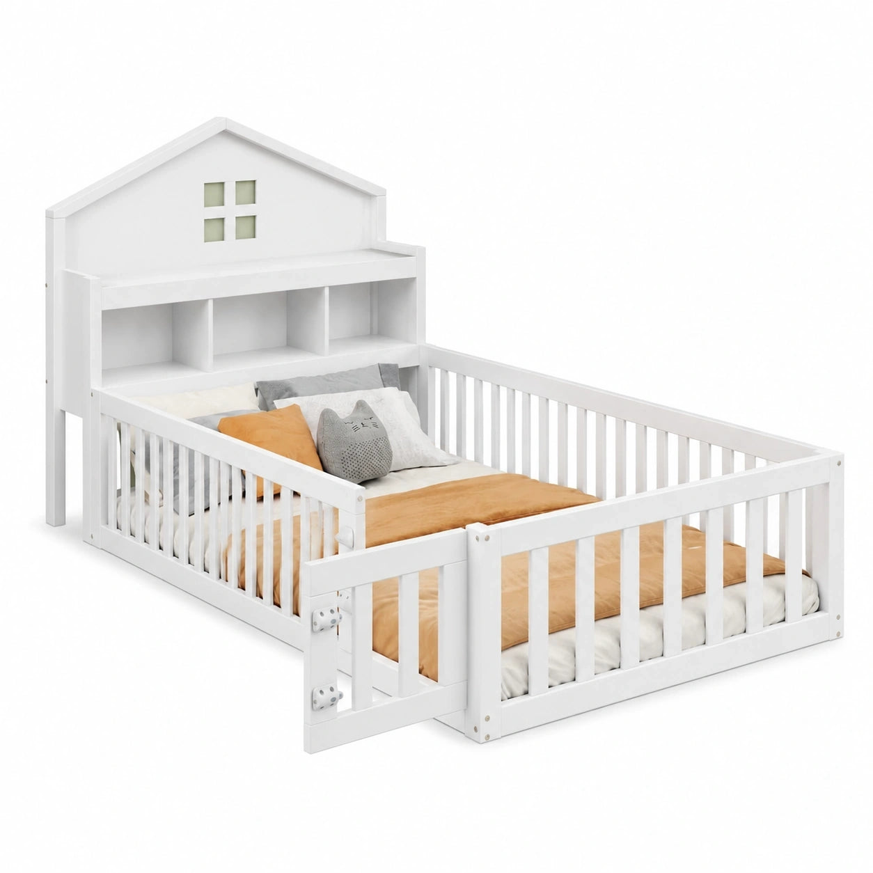 Hausbett für Kinder 90x200 cm, Massivholz mit Stauraum und Fenster, Sicherheitsgitter, Weiß