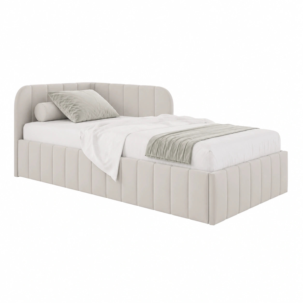Polsterbett Mario 100x200 cm mit Bettkasten, Metallrahmen und Oeko-Tex, Riviera-Stoff in Beige, Jugendbett Links