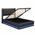 Einzelbett 90x200 mit LED, USB-C und Stauraum, modernes Polsterbett mit gepolstertem Kopfteil, Lattenrost und PU-Bezug - Schwarz