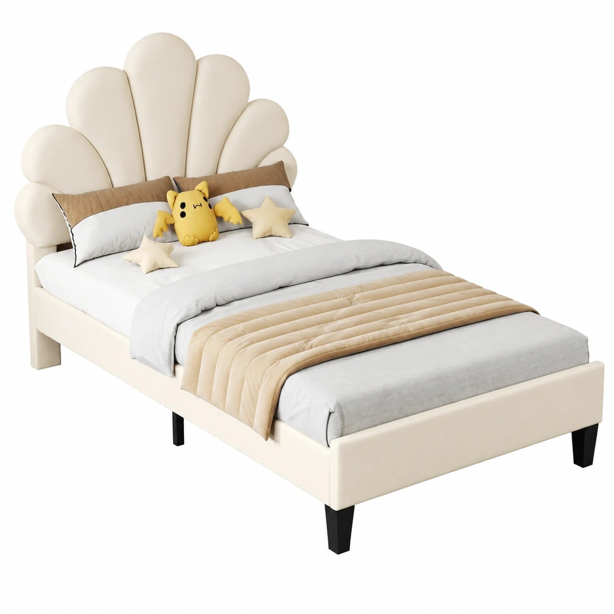 BRILVERDE Kinderbett 90x200 cm mit Verstellbarem Kopfteil, Jugendbett inklusive Lattenrost, Samt Prinzessin Bett für Mädchen, Beige