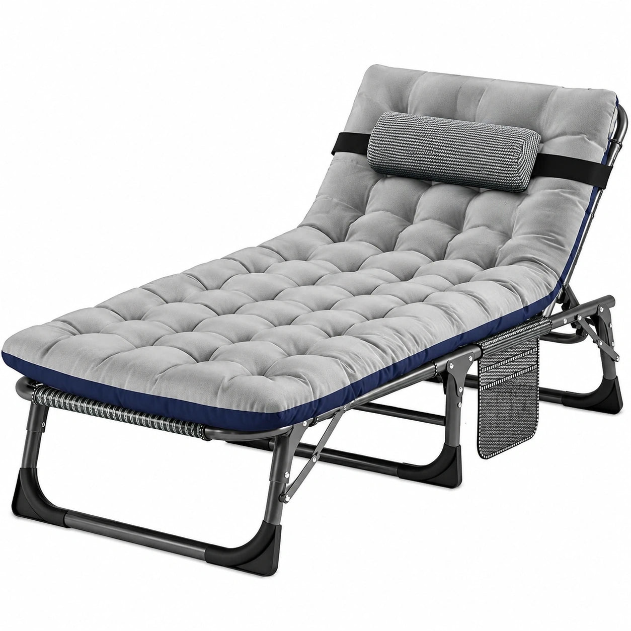 Klappbares Gästebett mit 200kg Tragkraft und Matratze, Verstellbare Rückenlehne, Kopfstütze und Seitentaschen, Ideal für Camping, Schlafzimmer, Büro und Garten