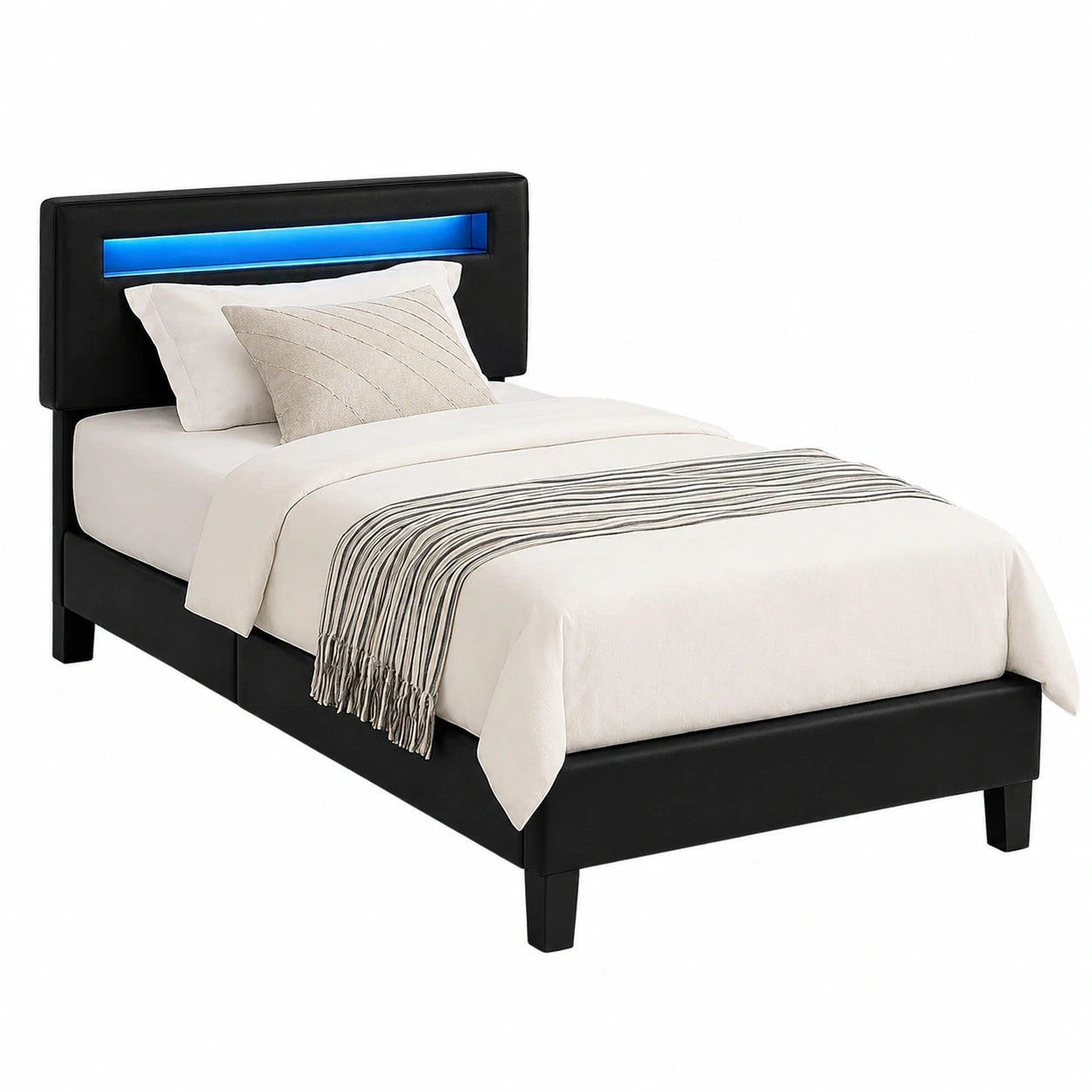 Modernes Polsterbett Benito 90x200 cm mit LED und verstellbarem Kopfteil, Jugendbett in schwarzem Lederimitat