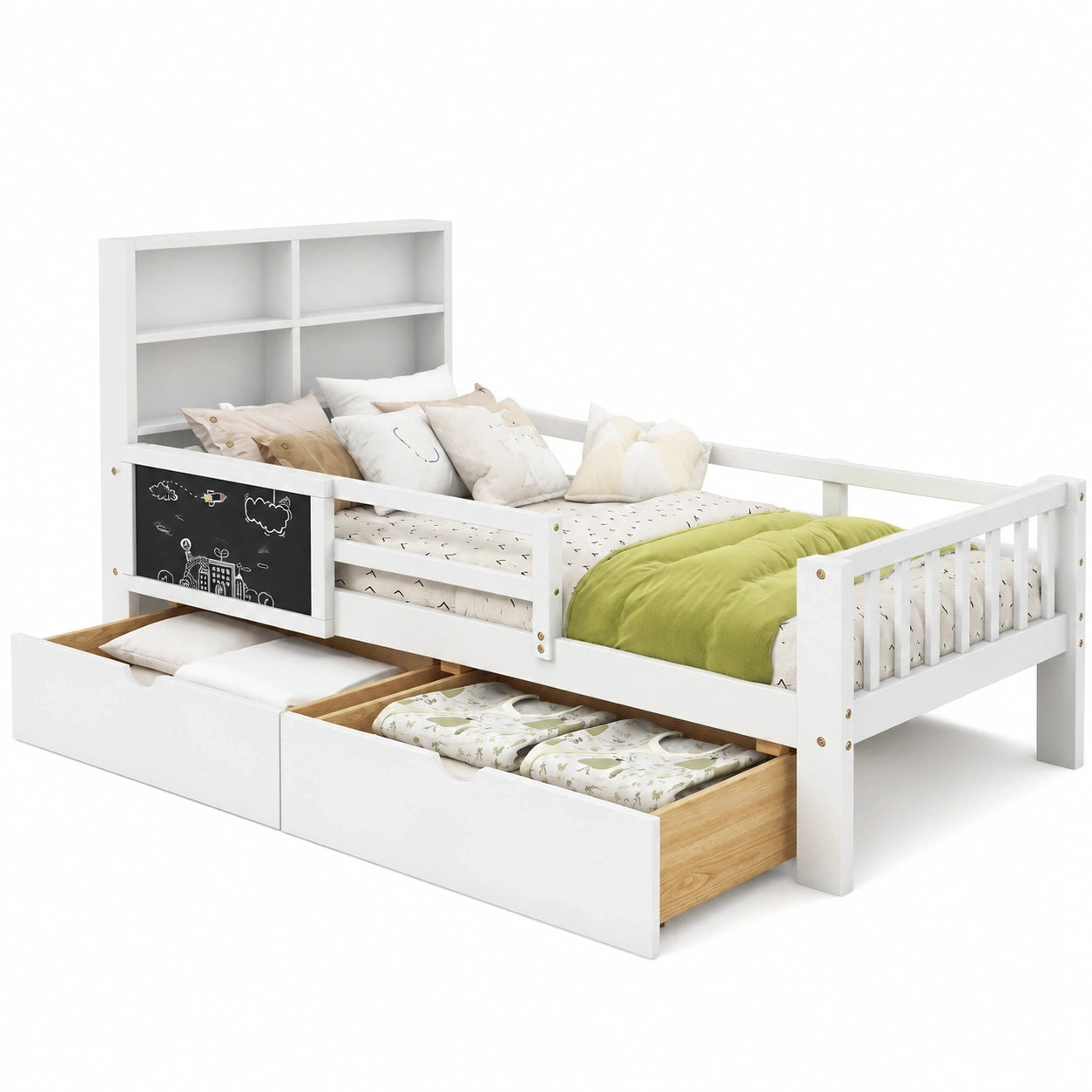 Kayan Kinderbett 90x200 cm mit Rausfallschutz und Schubladen, Holz-Einzelbett mit Tafel, Lattenrost, ohne Matratze, Farbe Weiß