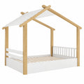 Kinder Hausbett aus Holz 90x190 cm mit Dach und Brüstung, Jugendbett ohne Matratze, Weiß/Natur