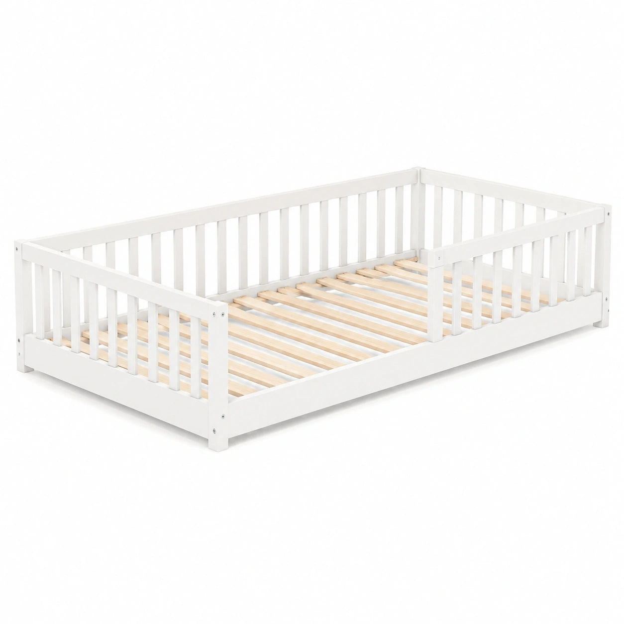 Montessori Kinderbett 120x200 cm mit Rausfallschutz und Lattenrost, Weiß