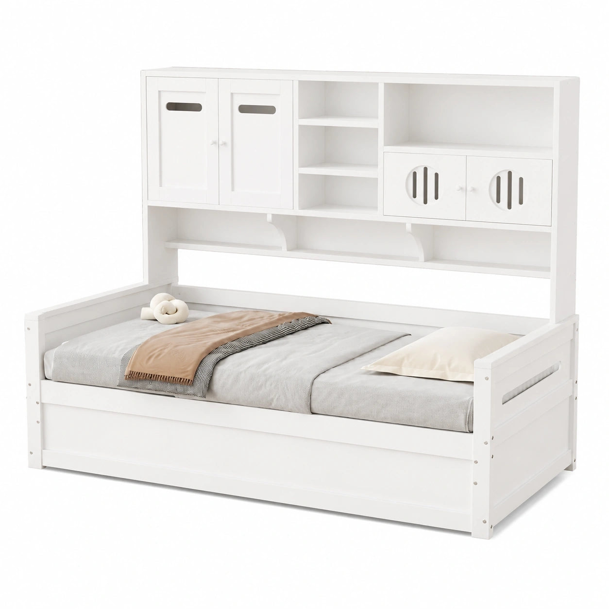 Soweiz Jugendbett 90x200 cm, multifunktionales Holzsofa mit Stauraum, hydraulischer Einzelbett-Rahmen, ohne Matratze, Weiß