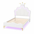 Prinzessinnenbett 90x200cm mit LED und Kronenkopfteil, Verstellbares Kinder- und Jugendbett mit Lattenrost, Weiß