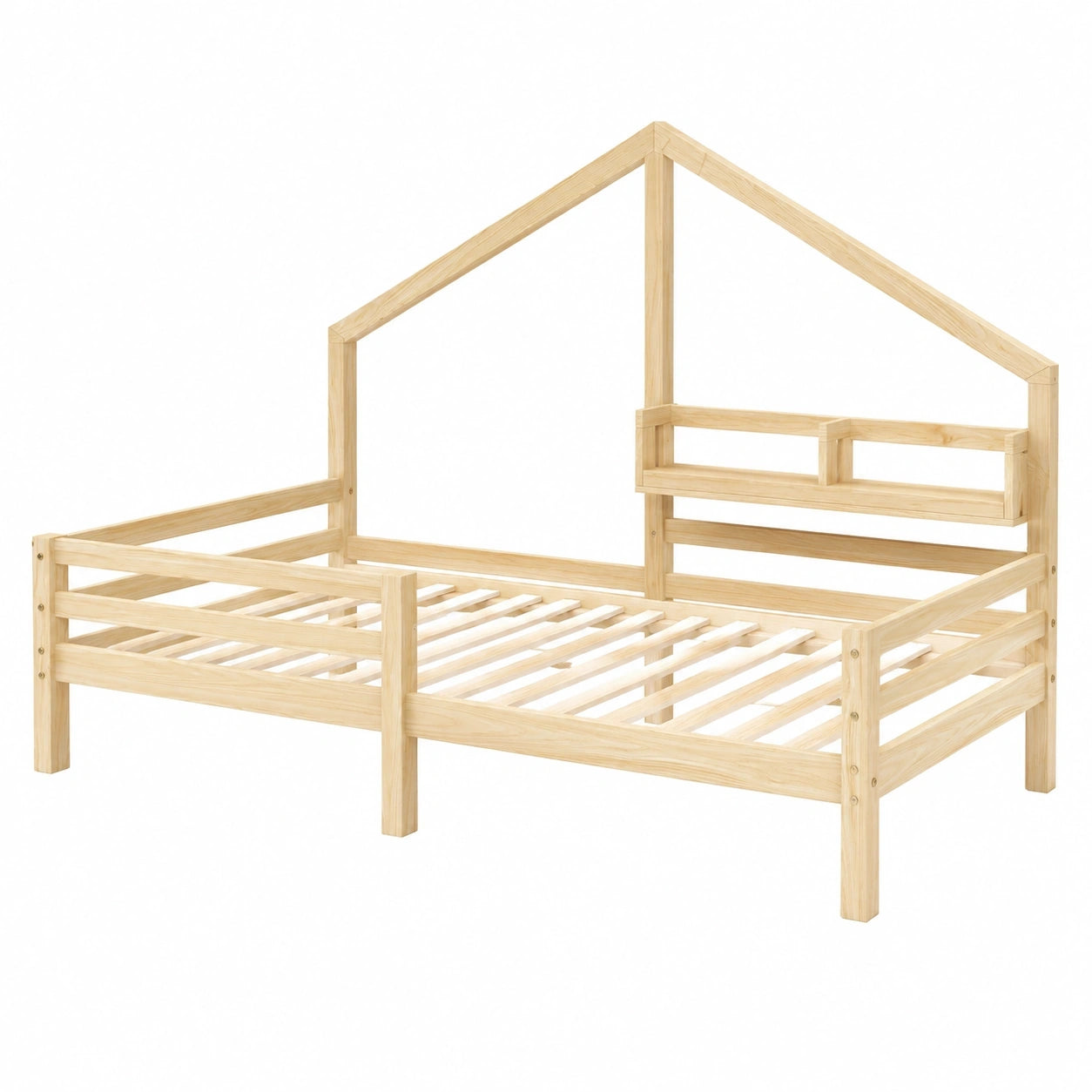 Hausbett aus Kiefernholz für Kinder mit Regal und Absturzsicherung, 90x200 cm