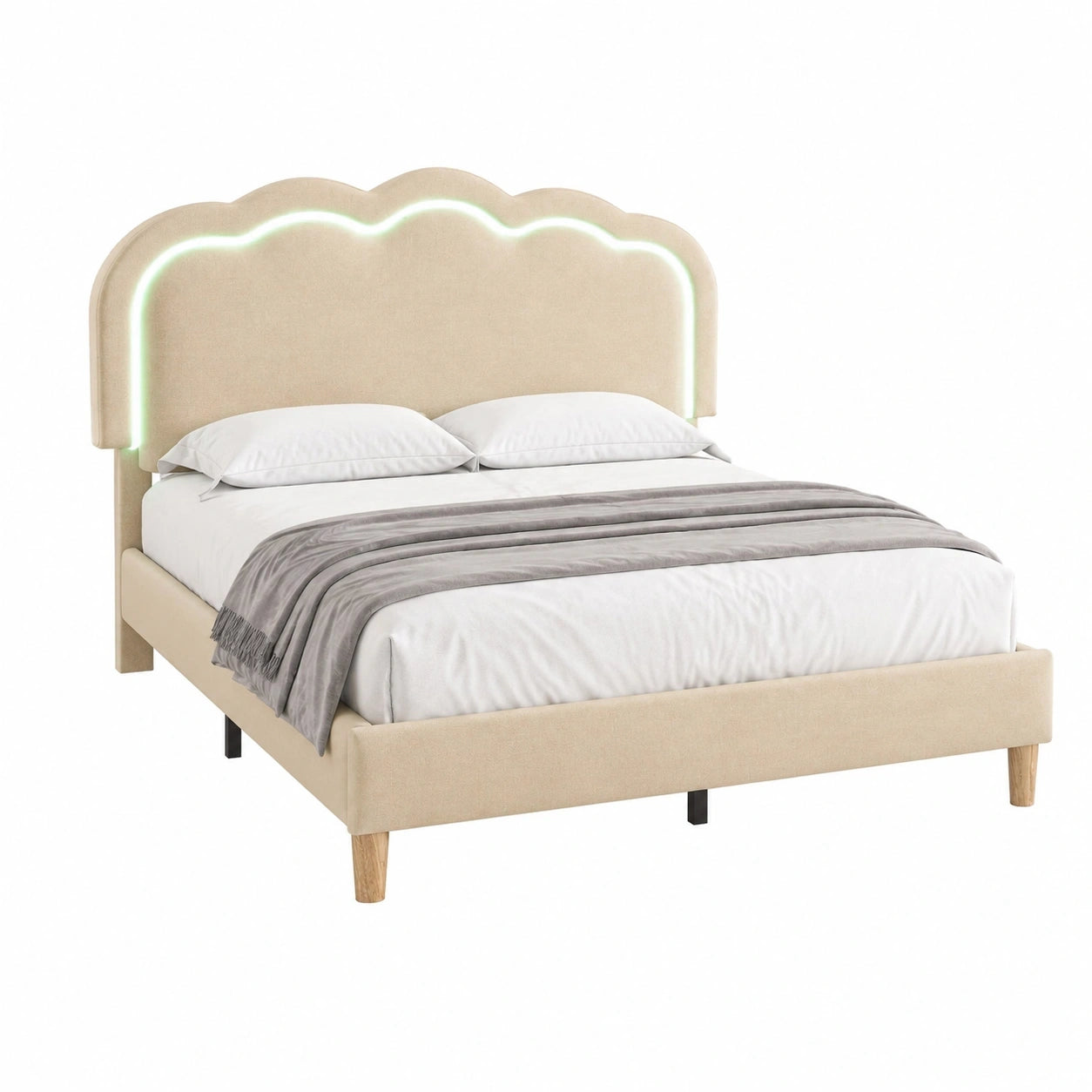 Merax Polsterbett für Kinder 90x200cm, Verstellbares LED-Kopfteil, Jugendbett mit Lattenrost, Leinenstoff, Beige
