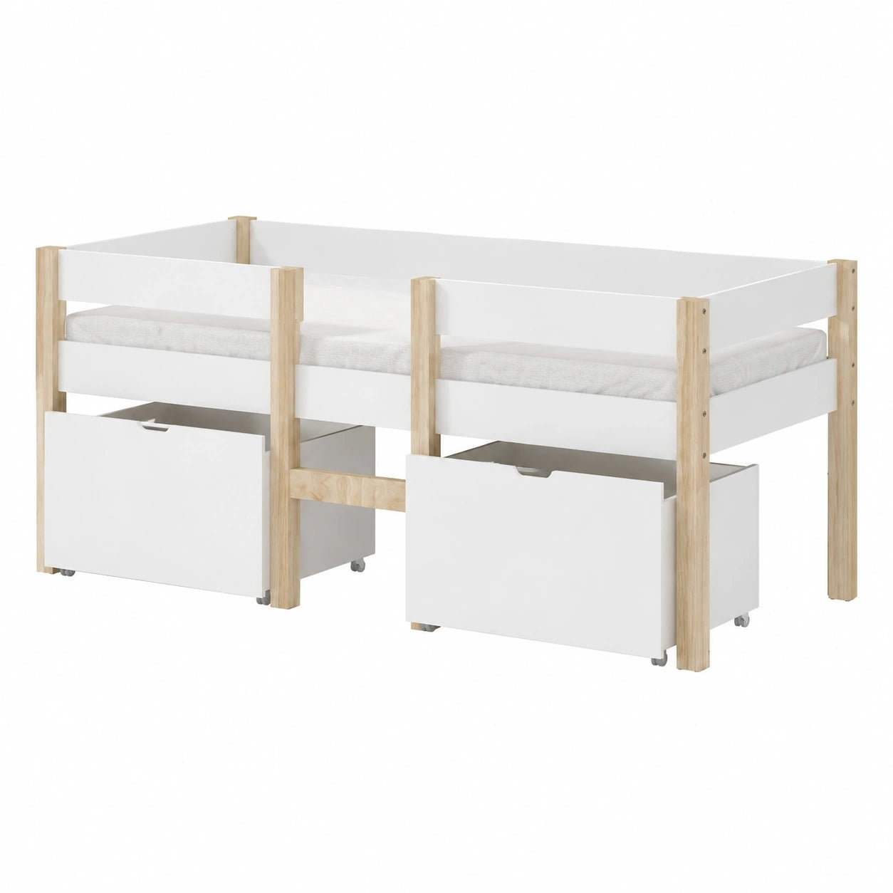Merax Kinderbett 90x200 cm mit Schubladen und Absturzsicherung, Massivholz und Holzplatte, Einzelbett für Jungen und Mädchen, Weiß