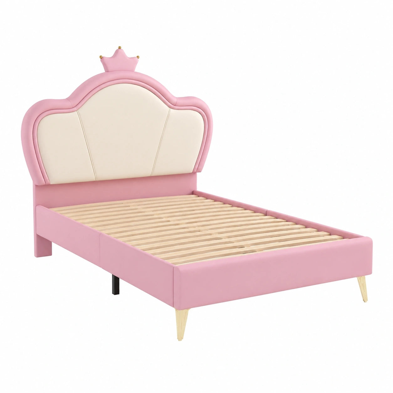Merax Kinderbett 90x200 cm mit Kronenkopfteil, Mädchen Einzelbett, Metallfüße, PU-Polster, Rosa/Weiß
