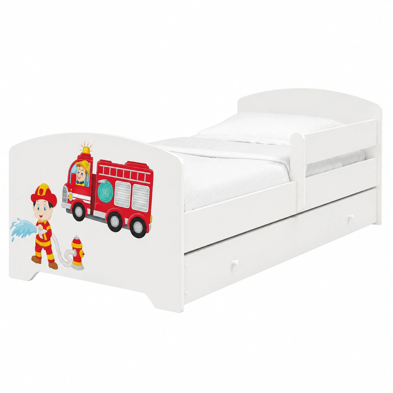 Kinderbett Komplettset mit Feuerwehrmotiv - 70x140/80x160 cm inkl. Matratze, Lattenrost, Schublade & Rausfallschutz