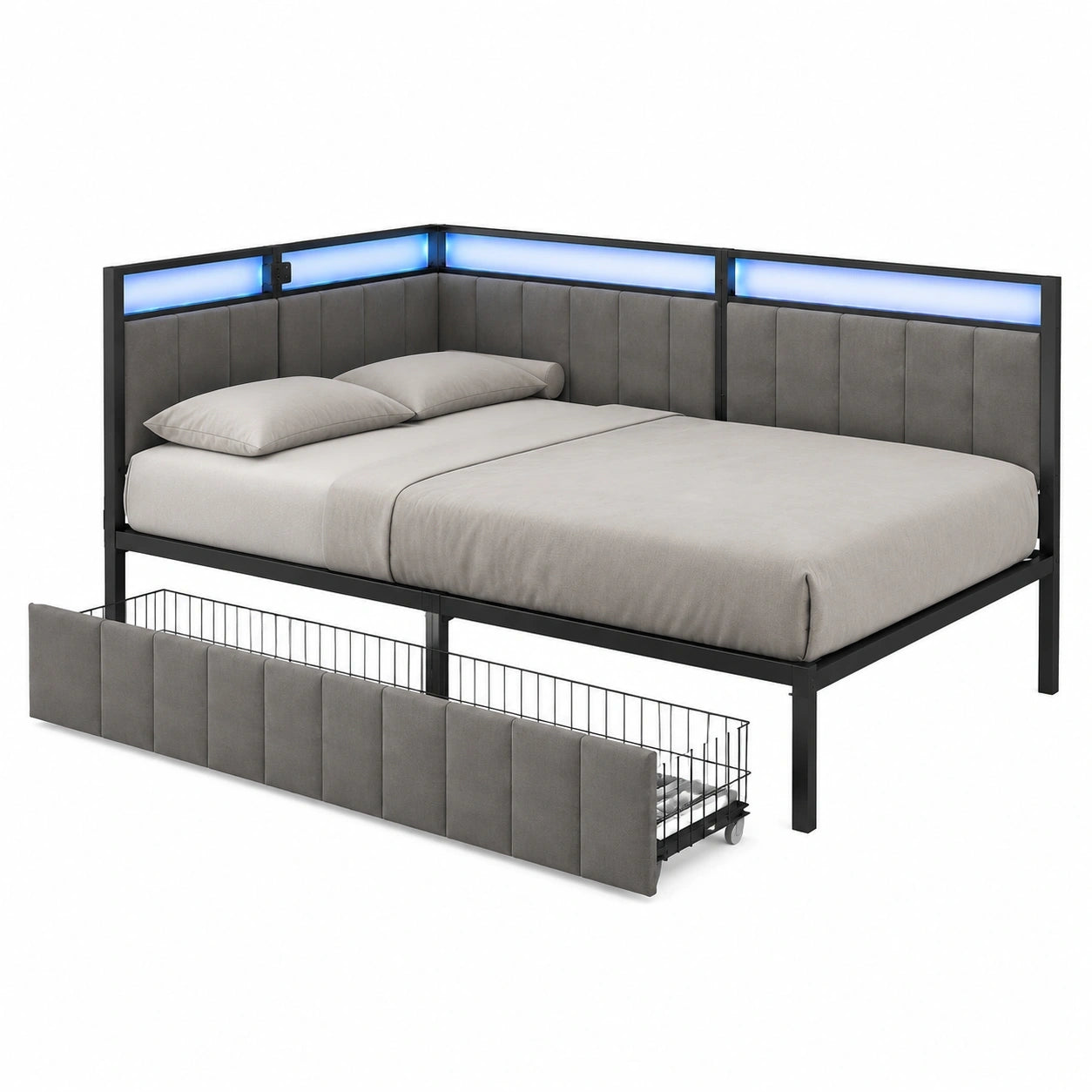 Modernes Jugendbett 90x200 cm mit Stauraum, Schlafsofa aus Samt mit Metallrahmen, Schwarz/Hellgrau