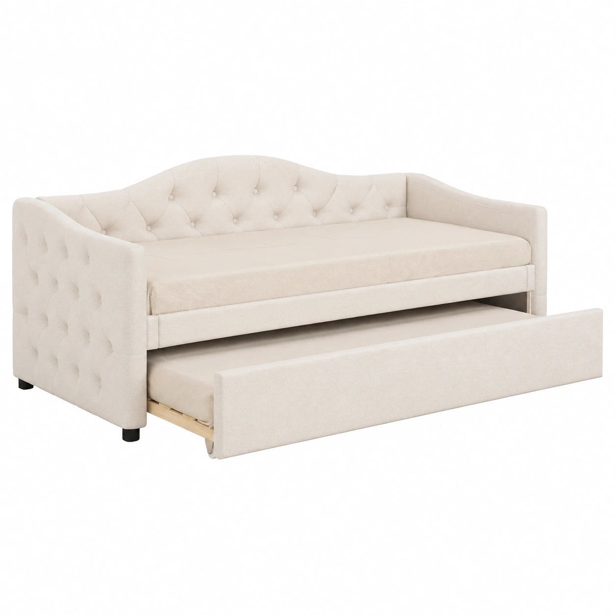 90x200 cm Tagesbett mit Ausziehfunktion, Schlafsofa in Leinen Beige, Minimalistisches Design