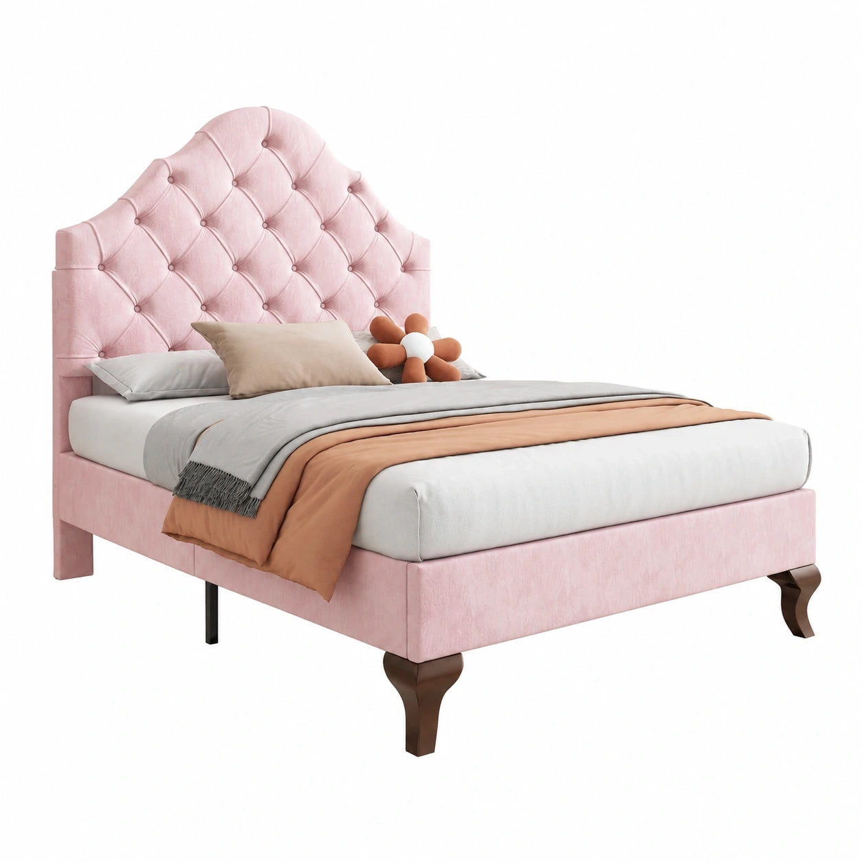 Merax Samt-Einzelbett 90x200 mit Knopf-Kopfteil, höhenverstellbar, inklusive Lattenrost, rosa, ohne Matratze