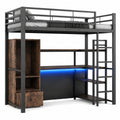 Hochbett für Kinder 90x200 mit LED, Schreibtisch und Stauraum, Metallbett mit Rausfallschutz, Schwarz