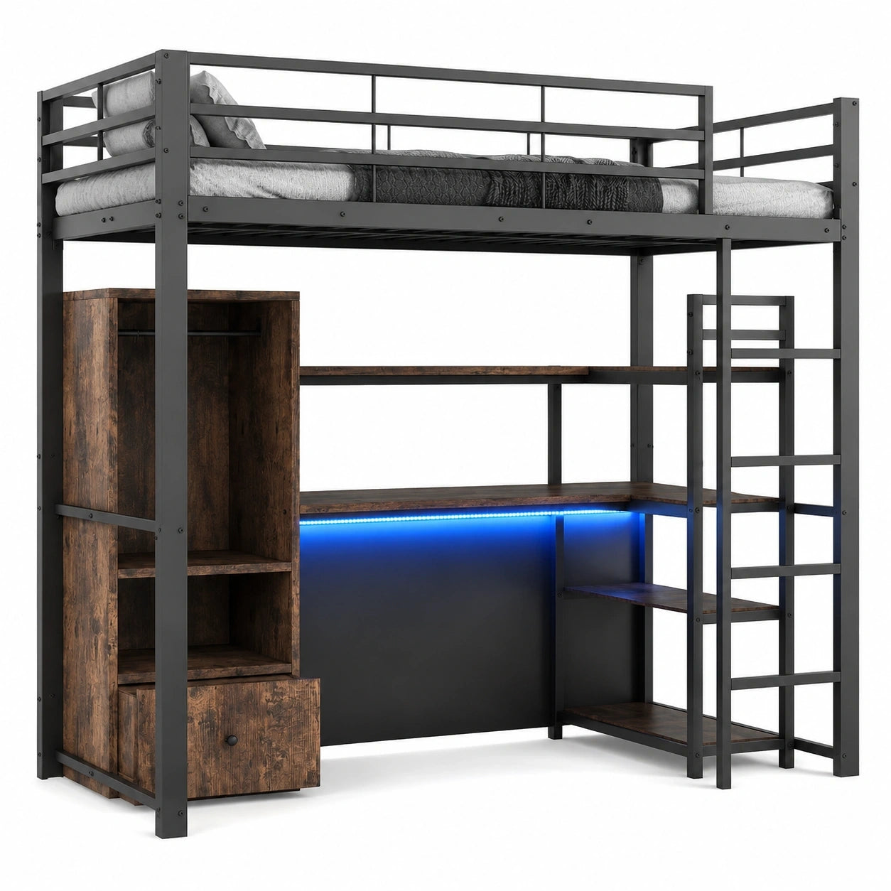 Hochbett für Kinder 90x200 mit LED, Schreibtisch und Stauraum, Metallbett mit Rausfallschutz, Schwarz