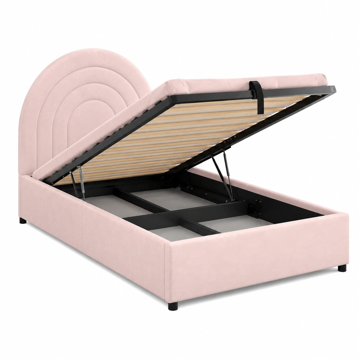 Merax Kinder-Polsterbett 90x200 cm, Jugendbett mit Stauraum, Holzlatten und Samtkopfteil, Rosa