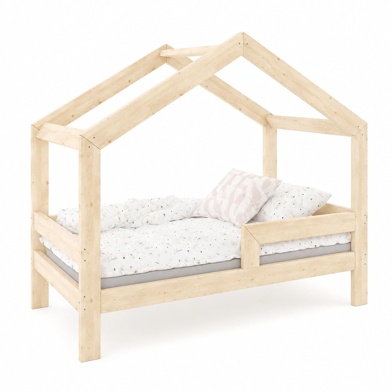 Kinder-Hausbett 90x180 cm mit Rausfallschutz, Montessori Einzelbett aus Holz für Jungen und Mädchen ab 2 Jahren