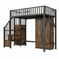 Metall-Hochbett 90x200 cm mit Holzoptik, Kleiderschrank, Schubladen und Treppe mit Stauraum, Schwarze offene Kleiderstange