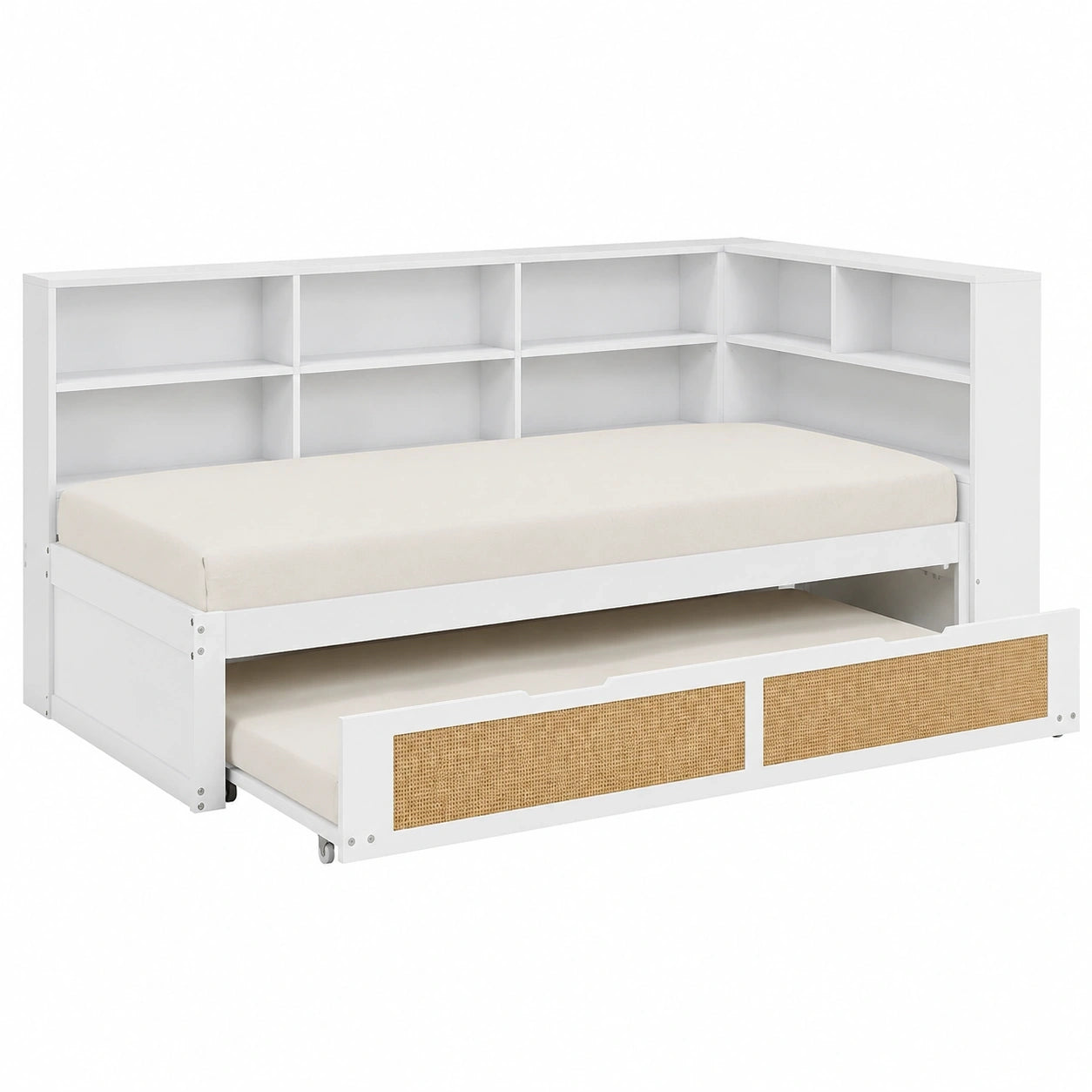 Multifunktionales Tagesbett 90x200 cm mit Stauraum und Regal, Kinder- und Jugendbett mit Ausziehfunktion, Weiß