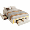 Modernes Plattformbett 90x200 cm mit Schubladen und LED, Metall-Lattenrost, Weißes Kunstleder